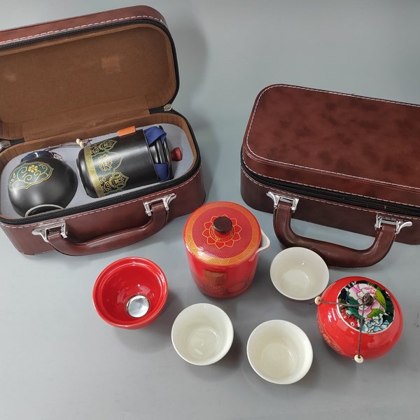 Customized Oriental Traditional Aesthetic Tea Set, Personalized Leather Storage Tea Set, Travel Tea Set With Leather Case