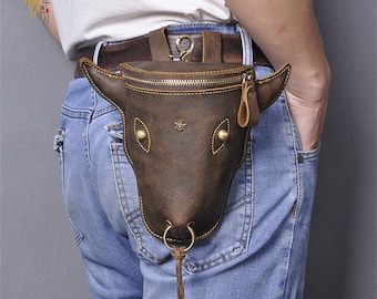 Genuine Leather Hand Stitched Handmade Leather Belt Bag, Personalized Bullhead Leather Belt Pouch, Handcrafted Leather Fanny pack