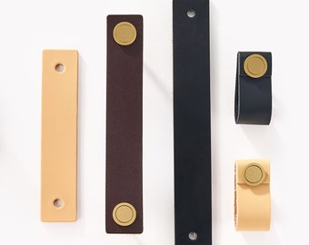 Personalized Genuine Leather Handles With Brass Hardware, Customized Leather Draw Pulls, Leather Knobs, Cupboard Handles