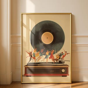 Vinylprint dansende figuren, vintage platenspeler art poster, retro muziek muurkunst, moderne muziek illustratie voor thuisbar of woonkamer