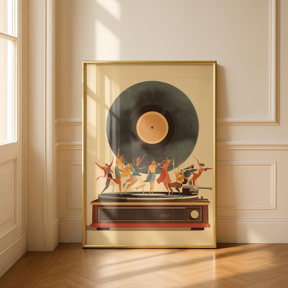 Dancing Figures Vinyl Print, Vintage Record Player Art Poster, Retro Music Wall Art, Modern Music Illustration for home bar or living room