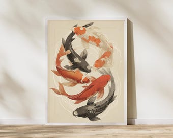 Japanese Koi Fish Vintage Poster - Minimal Beige Wall Art - Zen Asian Decor Print- Wanddeko