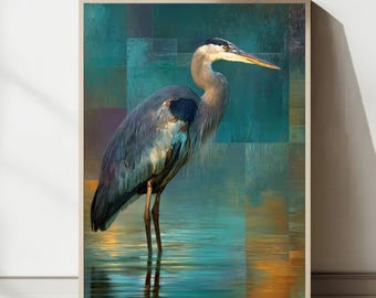 Impresión de garza azul: arte mural colorido y contemporáneo