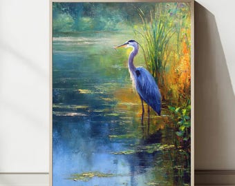 Lámina artística de garza azul: decoración botánica contemporánea para pared