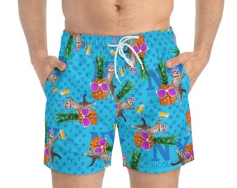 Fun Party Fiesta Cat & Pineapple Blue Swim Trunk Shorts - Nicolas Yves