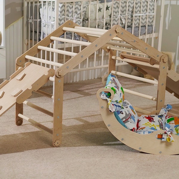 Triangle d'escalade transformable et kit d'escalade pour bébé avec arche, rampe, transformateur et triangle. Salle d'escalade pour tout-petits, aire de jeux intérieure pour bébés