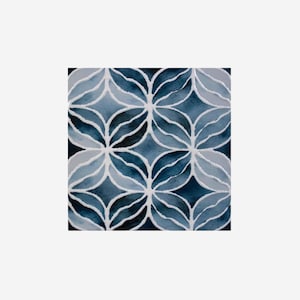 May include: Square watercolor painting featuring a repeating pattern of stylized blue and white floral shapes. The design uses varying shades of blue, from light to dark, with white outlines, creating a symmetrical, decorative motif.