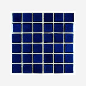 May include: A square mosaic tile sheet featuring a grid of small, glossy, deep blue square tiles. The tiles are evenly spaced with white grout lines, creating a structured and modern appearance. Ideal for bathroom or kitchen backsplashes.