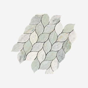 May include: A mosaic tile design featuring a leaf pattern. The tiles are a mix of white, light green, and gray marble, with dark grout lines. The overall shape is a stylized leaf, suitable for various design projects.