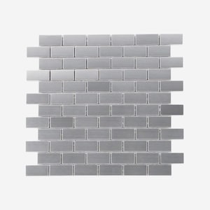 May include: A rectangular mosaic tile sheet composed of small, brushed metal tiles arranged in a brick pattern. The tiles are a cool gray color, and the sheet is suitable for backsplashes or accent walls.
