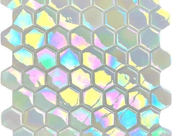 Tenedos 2x2 Hexagon White Iridescent (Exact Size 1.5 inch) Recycled Glass Mosaic Floor Wall Tile