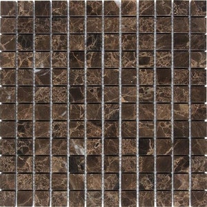 May include: A mosaic tile sheet composed of small, square tiles. The tiles are primarily brown with darker veining, creating a marbled effect. The pattern is uniform, suitable for various design applications.