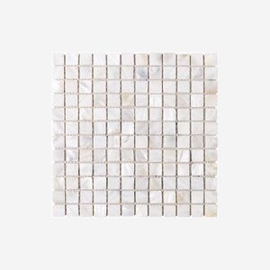 May include: A square mosaic tile sheet composed of numerous small, square tiles. The tiles have a pearlescent, off-white color with subtle variations. The grout lines are a light beige, creating a grid pattern. This tile is suitable for various interior design applications.