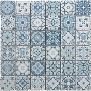 May include: A blue and white mosaic tile sheet with a variety of geometric patterns. The tiles are arranged in a grid pattern.