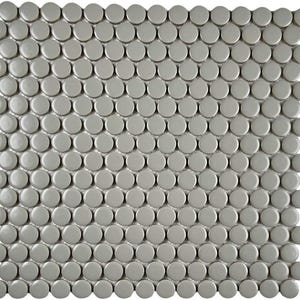 May include: A sheet of gray penny round ceramic tile. The tiles are arranged in a staggered pattern.