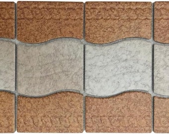 May include: A close-up of a brown and beige interlocking paving stone pattern. The stones have a textured surface and are arranged in a wave-like pattern.