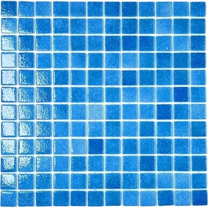 May include: A sheet of small, square, blue glass tiles. The tiles have a slightly textured surface and a gradient of blue shades.