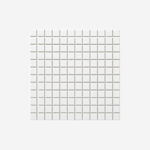 May include: A square, white mosaic tile sheet. The tiles are small, square, and evenly spaced, creating a grid pattern. The grout lines are thin and gray. The overall appearance is clean and modern, suitable for various design applications.