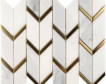 Elegant Carrara V Pattern Marble White with Stainless Steel Gold Border Mosaic Tile (Box of 10 Sheets)