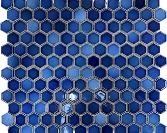Tenedos Tropical 1x1 Navy Blue Hexagon Glossy Porcelain Mosaic Wall Floor Pool Tile
