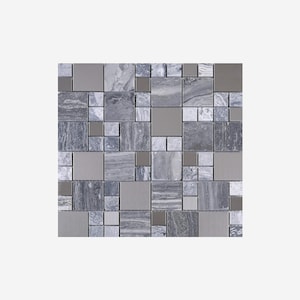 May include: A mosaic tile pattern featuring a mix of square and rectangular tiles in various shades of gray, silver, and marble-like textures. The design includes both solid and patterned tiles, creating a visually interesting surface.