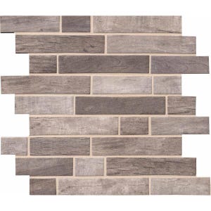 May include: A close-up of a wood-look tile mosaic in shades of gray and brown. The tiles are arranged in a staggered pattern, creating a brick-like effect.