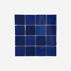 May include: A square tile mosaic featuring sixteen glossy, square tiles in varying shades of blue. The tiles are arranged in a grid pattern, with each tile separated by a thin, light-colored grout line. The overall effect is a modern, geometric design.