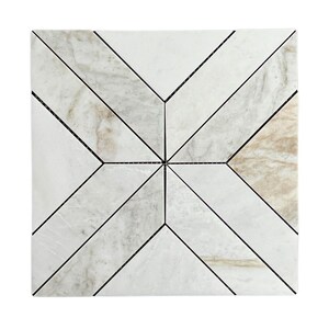 May include: White marble mosaic tile with a geometric pattern of black lines forming a star shape. The tile has a subtle brown veining.