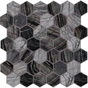May include: Black and white hexagonal mosaic tile with a marble pattern. The tiles are arranged in a honeycomb pattern.