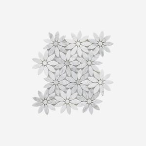 May include: White marble daisy tile mosaic. The mosaic features a pattern of daisy-shaped tiles with gray veining. The petals are elongated and arranged around a central circular core. The overall design is floral and decorative.