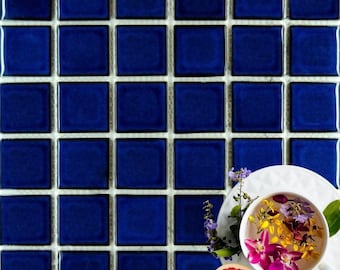 Tenedos Premium Quality Cobalt Blue Porcelain Square Mosaic Floor Wall Tile Shiny Look 2x2 Inch