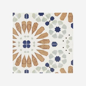May include: Decorative tile with a repeating geometric pattern. The design features starburst and floral motifs in shades of brown, blue, and gray against a white background. The tile is square and appears to be made of ceramic.