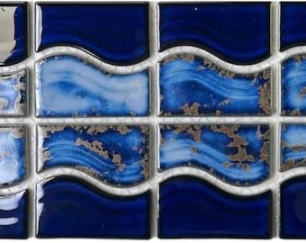 Cobalt Blue Wave Porcelain Tile, Calacatta Gold Border, 6x12