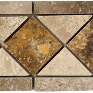 May include: A mosaic tile border with a diamond pattern in shades of brown, beige, and gold. The tiles are arranged in a repeating pattern of triangles and squares.
