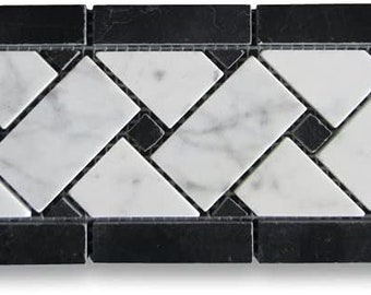 Carrara Weißer Marmor 100x300 Korbgeflecht Mosaik Bordüre mit Schwarzen Punkten