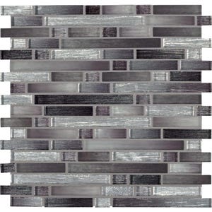 May include: A mosaic tile sheet with a mix of gray, silver, and black glass tiles. The tiles are arranged in a staggered pattern, creating a modern and stylish look.