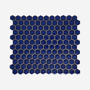 May include: A square of blue hexagonal tiles with a silver-colored grid. The tiles are a glossy, deep blue color, and the grid provides a contrasting metallic accent. This mosaic tile is suitable for various design applications.
