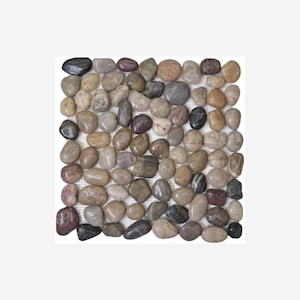 May include: A square mosaic of smooth, polished river stones in various colors, including gray, brown, beige, and black. The stones are of varying sizes and shapes, creating a natural, textured surface. Ideal for home decor or landscaping projects.