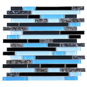 May include: A mosaic tile sheet with a mix of black, light blue, and dark blue glass tiles. The tiles are arranged in a horizontal pattern.