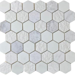 May include: White hexagonal mosaic tiles with a variety of textures, including smooth, textured, and patterned.