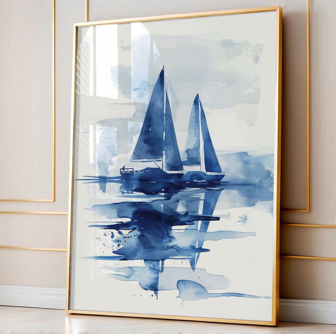Minimalist Nautical Watercolor Sailboat Art Print | Blue Coastal Wall ...