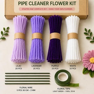 May include: A Roco Paper pipe cleaner flower kit containing 100 chenille stems in lilac, lavender, purple, and white, each bundled in 25 pieces. Includes 5 floral wires measuring 30 cm by 2 mm and one roll of light green floral tape measuring 35 m.