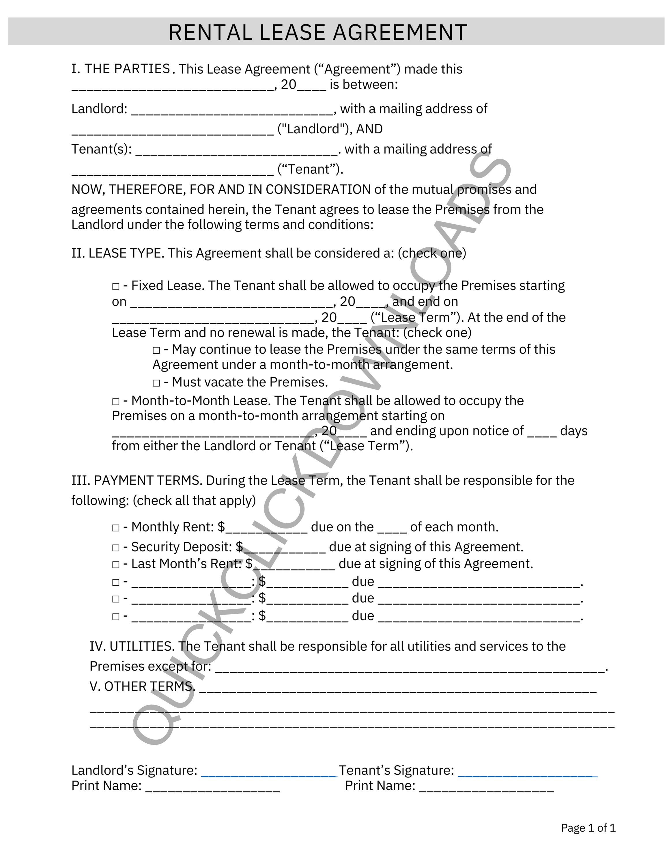 Simple and Easy One-page Rental Lease Agreement PDF, - Etsy