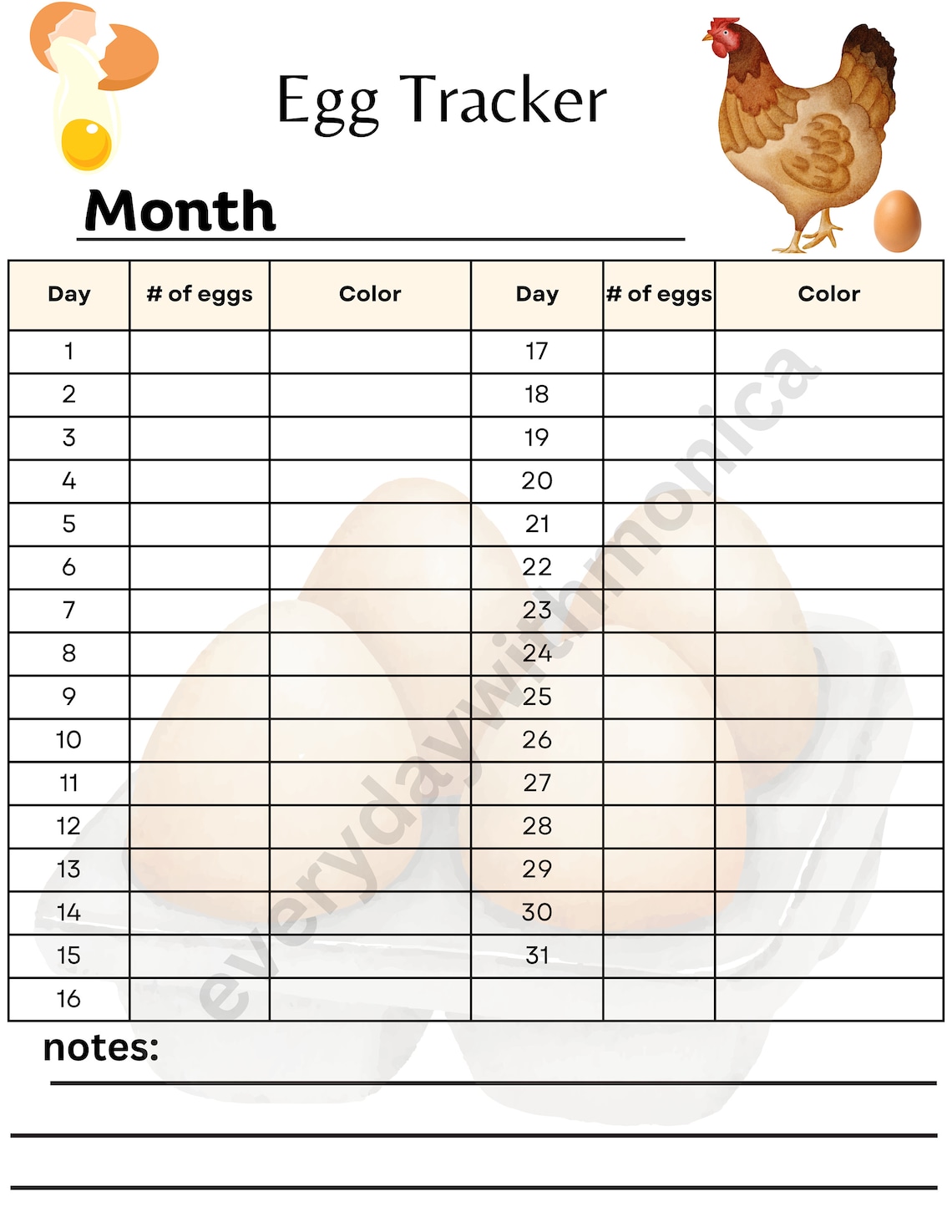Printable Egg Tracker Back Yard Chicken Egg Tracker, Homestead Tracker