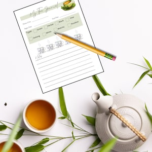 May include: A printable tea journal page with a green teacup illustration. The page includes sections for the name of the tea, begin date, end date, type of tea, and a rating system. The page also includes a section for notes.