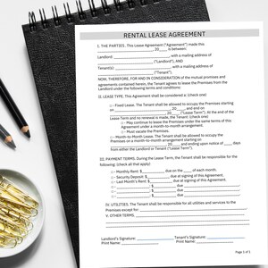 May include: A black and white rental lease agreement form with sections for landlord and tenant information, lease type, payment terms, utilities, and other terms. The form includes check boxes for different lease options and payment terms.