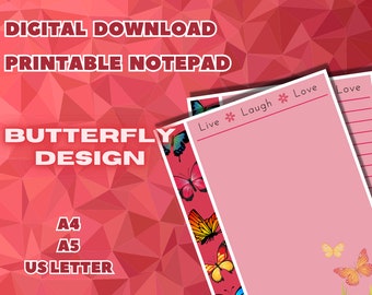Printable Red Butterfly Notepad | Digital Download | Writing Notebook | Paper Stationery | A4 A5 US Letter | Lined Unlined