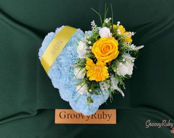 Baby Blue & Yellow Family Named Heart Tribute, Artificial Flowers Tribute Funeral Lasting Memorial Artificial Floral Tributes