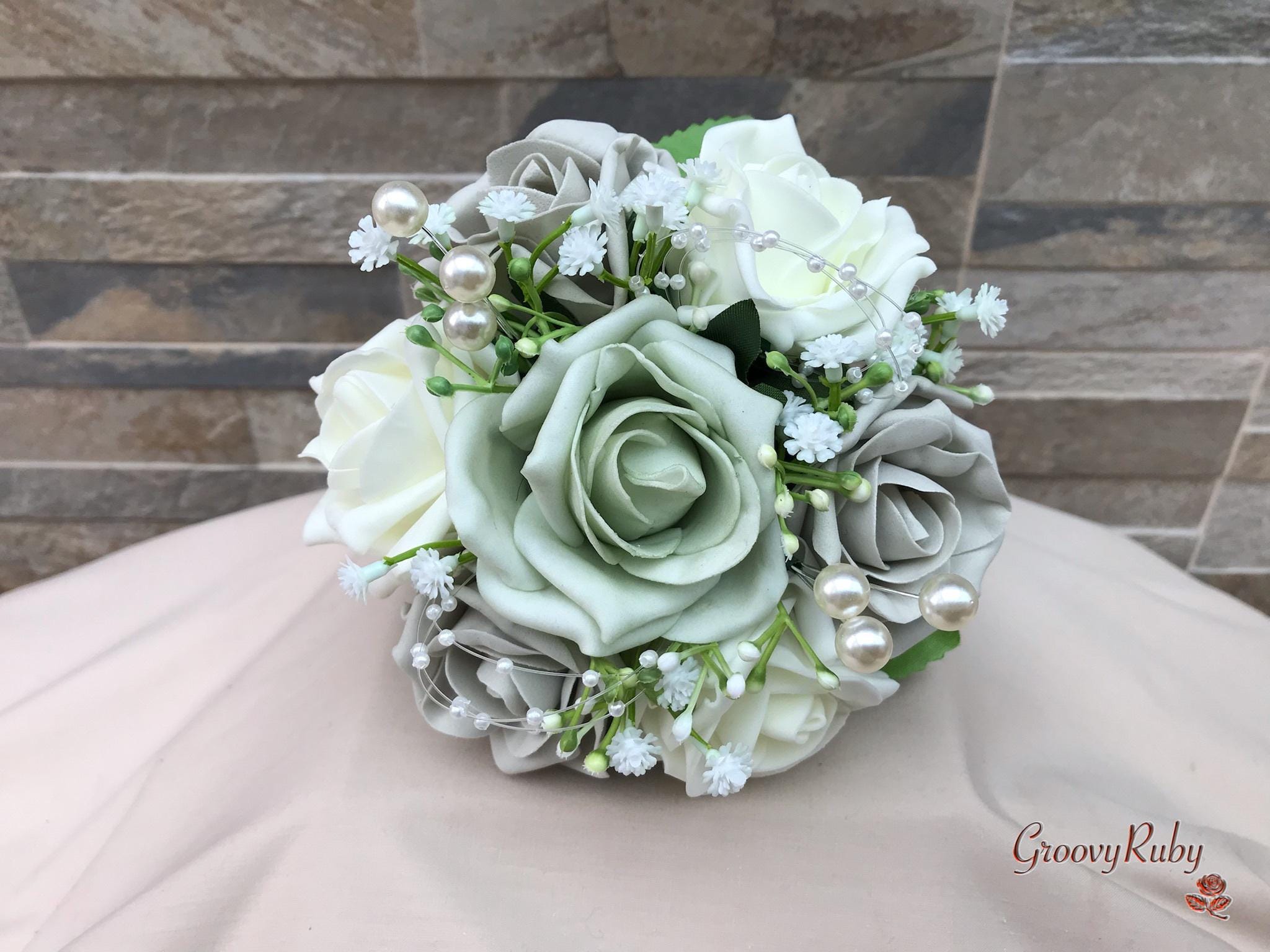 Vintage Sage Green, Silver & Ivory Roses With Gypsophila, Pearl