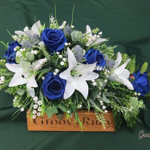 Blue Angel, Artificial Spray Funeral Flowers Coffin Topper Memorial Lasting Artificial Floral Tribute Casket Blue Rose Tiger Lily Thistle image 3